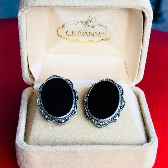 🖤 Vintage Sterling Silver Marcasite Onyx earrings - Picture 2 of 9